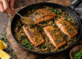 One Pan Mustard Herb Salmon with Warm Lentils