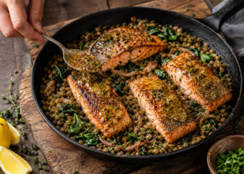 One Pan Mustard Herb Salmon with Warm Lentils