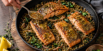 One Pan Mustard Herb Salmon with Warm Lentils