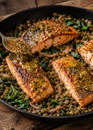 One Pan Mustard Herb Salmon with Warm Lentils