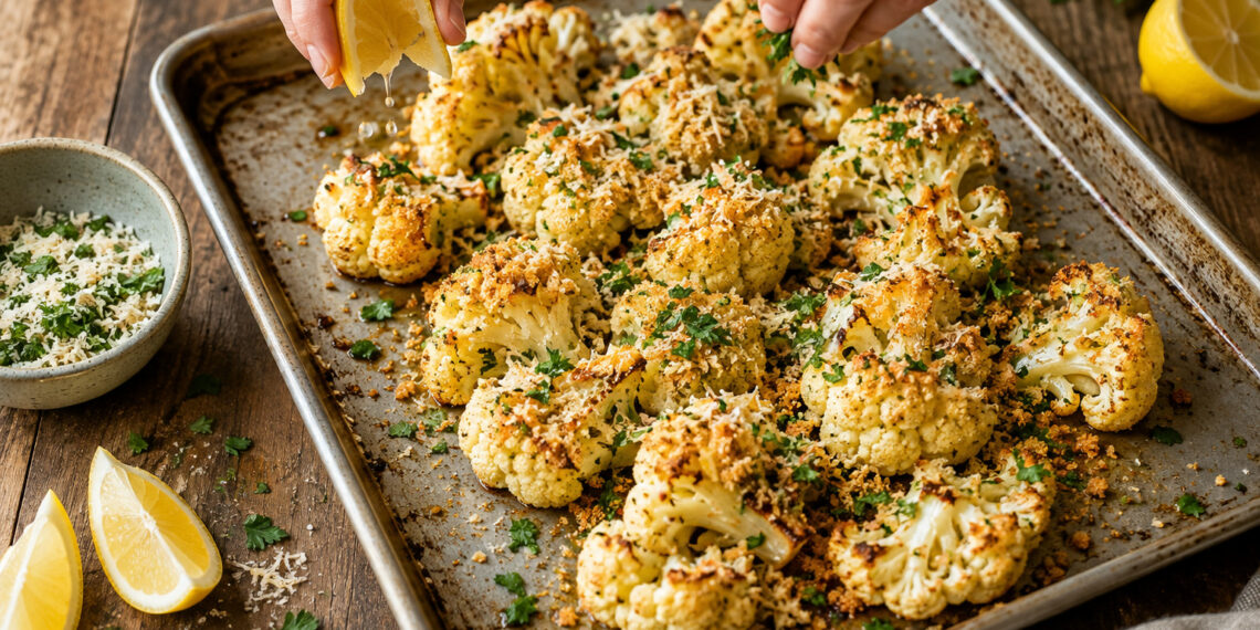 Roasted Garlic Parmesan Cauliflower with Crispy Herbs