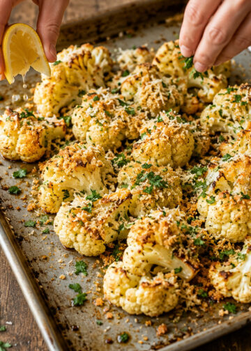 Roasted Garlic Parmesan Cauliflower with Crispy Herbs