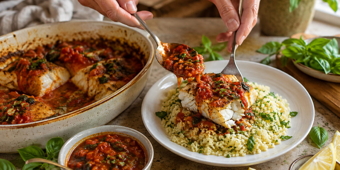 Spiced Tomato-Basil Baked Cod with Herby Couscous