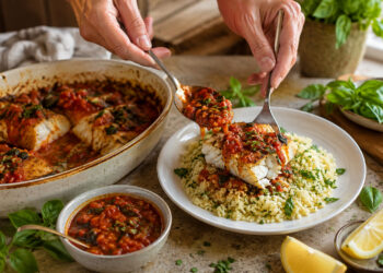 Spiced Tomato-Basil Baked Cod with Herby Couscous