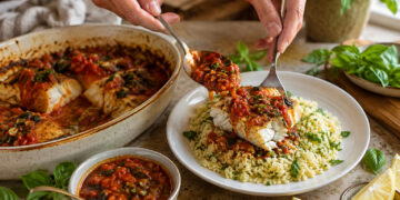 Spiced Tomato-Basil Baked Cod with Herby Couscous