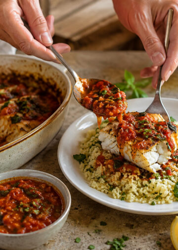 Spiced Tomato-Basil Baked Cod with Herby Couscous