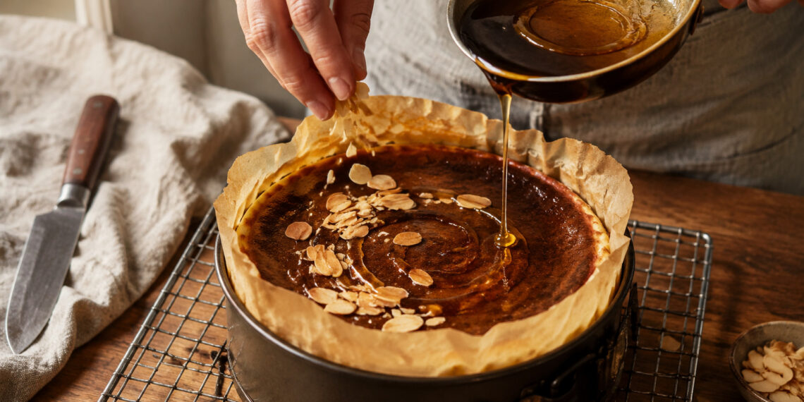Honey Almond Basque Cheesecake with Brown Butter Swirl