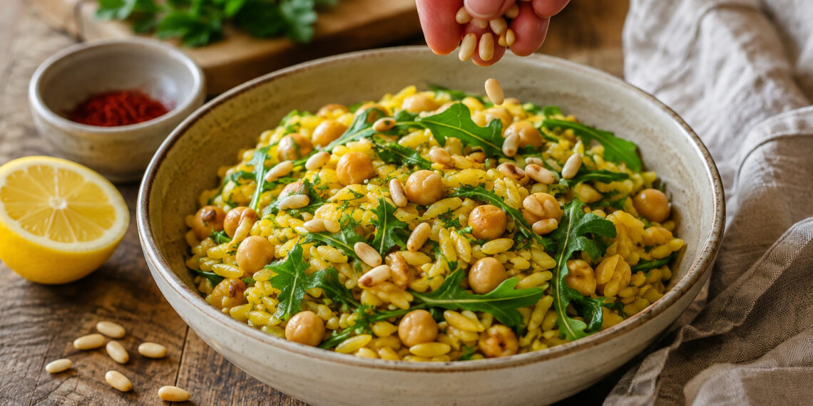 Saffron Chickpea and Lemon-Arugula Orzo with Toasted Pine Nuts