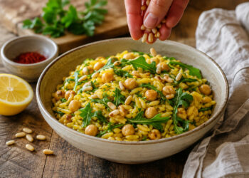 Saffron Chickpea and Lemon-Arugula Orzo with Toasted Pine Nuts