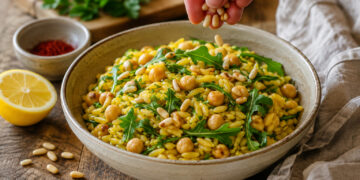 Saffron Chickpea and Lemon-Arugula Orzo with Toasted Pine Nuts