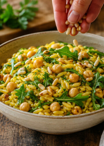 Saffron Chickpea and Lemon-Arugula Orzo with Toasted Pine Nuts