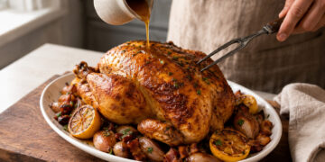 Herbed Butter Roast Chicken with Caramelized Shallots and Bacon