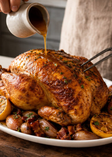 Herbed Butter Roast Chicken with Caramelized Shallots and Bacon