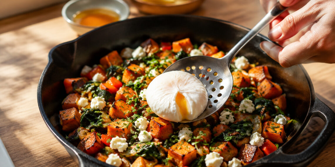 Savory Sweet Potato and Spinach Breakfast Hash with Poached Eggs