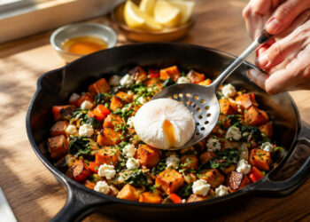Savory Sweet Potato and Spinach Breakfast Hash with Poached Eggs
