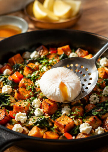 Savory Sweet Potato and Spinach Breakfast Hash with Poached Eggs