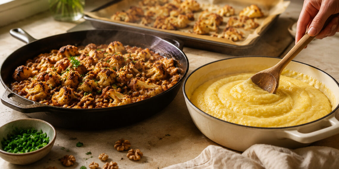 Roasted Cauliflower and Walnut Ragù with Creamy Polenta