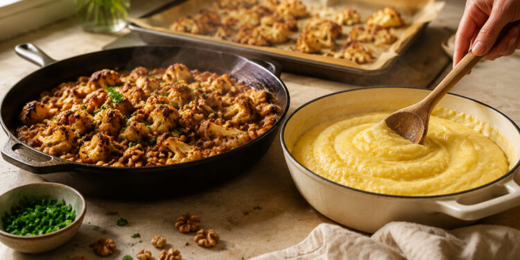 Roasted Cauliflower and Walnut Ragù with Creamy Polenta