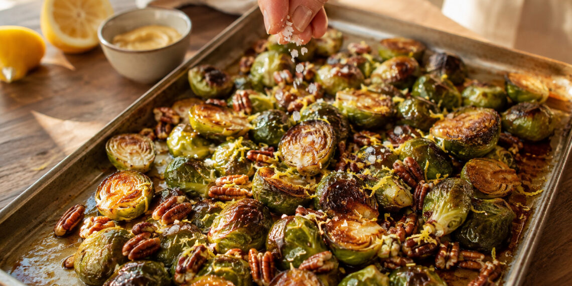 Maple-Mustard Roasted Brussels Sprouts with Toasted Pecans
