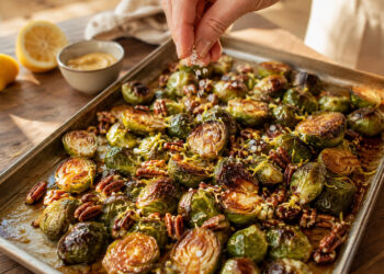 Maple-Mustard Roasted Brussels Sprouts with Toasted Pecans