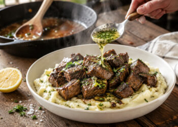 Garlic Butter Steak Bites with Chive Mashed Potatoes