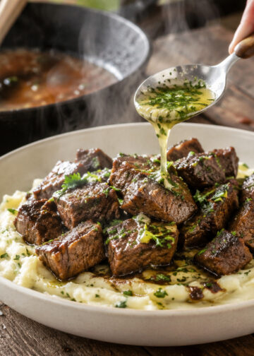 Garlic Butter Steak Bites with Chive Mashed Potatoes