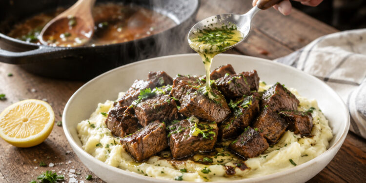 Garlic Butter Steak Bites with Chive Mashed Potatoes
