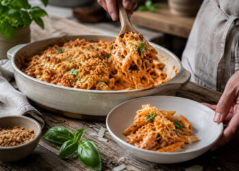 Creamy Tomato Basil Penne with Crispy Breadcrumb Topping
