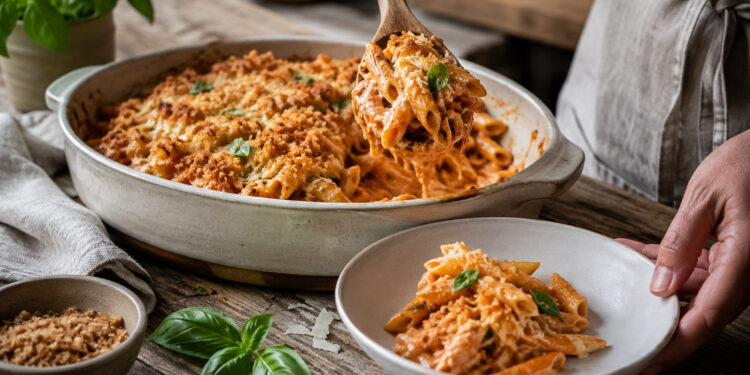 Creamy Tomato Basil Penne with Crispy Breadcrumb Topping