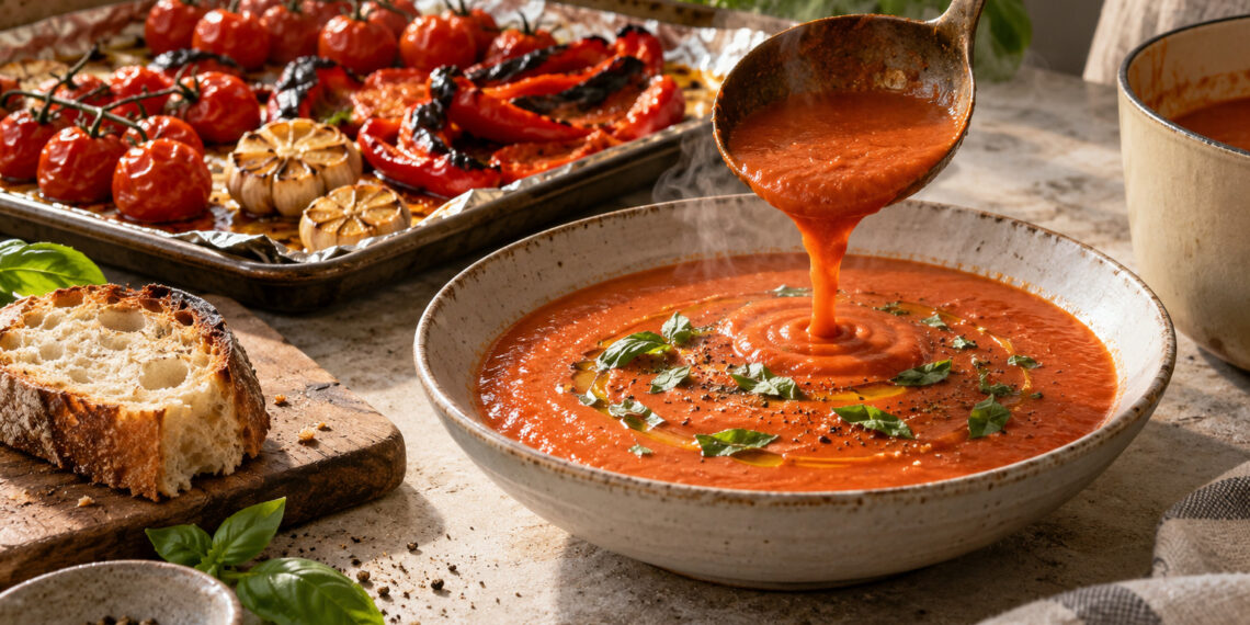 Roasted Tomato, Red Pepper, and Basil Soup