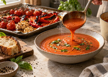 Roasted Tomato, Red Pepper, and Basil Soup