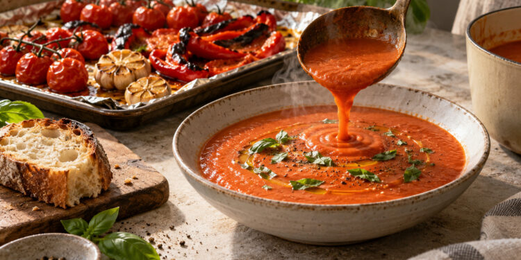 Roasted Tomato, Red Pepper, and Basil Soup