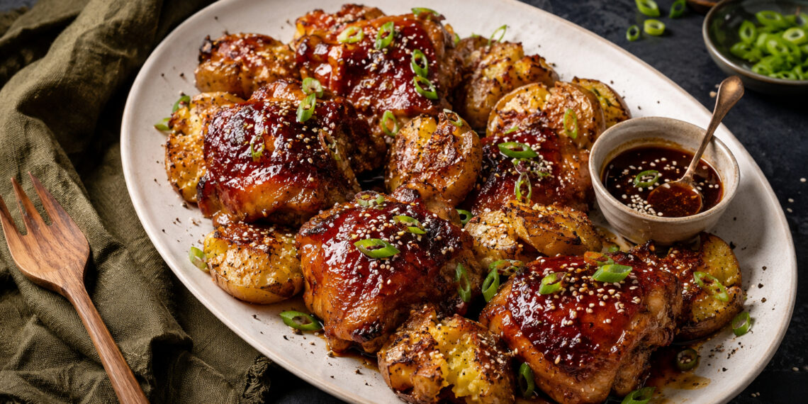 Honey-Soy Glazed Chicken with Sesame Smashed Potatoes