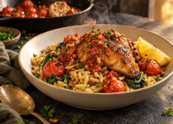Roasted Garlic and Tomato Chicken with Orzo Pilaf