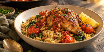 Roasted Garlic and Tomato Chicken with Orzo Pilaf