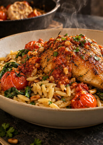 Roasted Garlic and Tomato Chicken with Orzo Pilaf