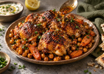 Sheet-Pan Harissa Chicken with Roasted Chickpeas and Carrots