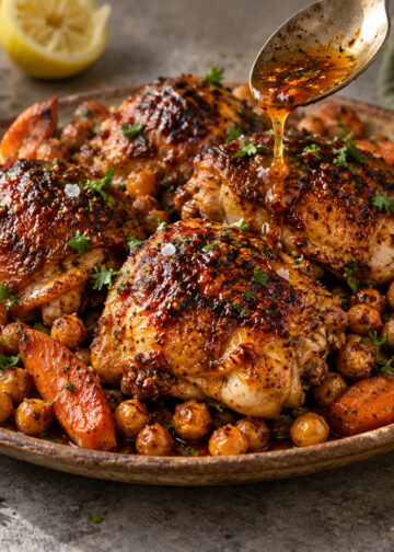 Sheet-Pan Harissa Chicken with Roasted Chickpeas and Carrots