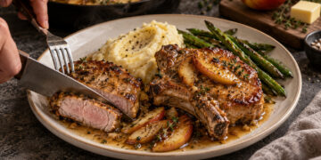 Skillet Garlic Butter Pork Chops with Apple Pan Sauce