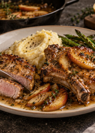 Skillet Garlic Butter Pork Chops with Apple Pan Sauce