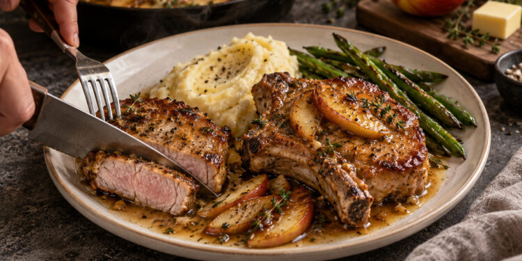 Skillet Garlic Butter Pork Chops with Apple Pan Sauce