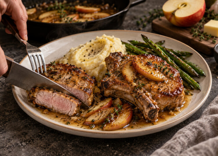 Skillet Garlic Butter Pork Chops with Apple Pan Sauce