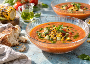 Charred Corn and Tomato Gazpacho with Basil Oil