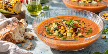 Charred Corn and Tomato Gazpacho with Basil Oil