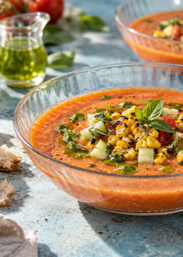 Charred Corn and Tomato Gazpacho with Basil Oil