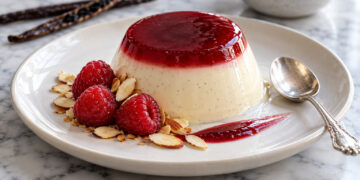 Vanilla Bean Honey Almond Panna Cotta with Raspberry Gelee