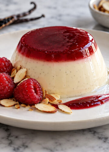 Vanilla Bean Honey Almond Panna Cotta with Raspberry Gelee
