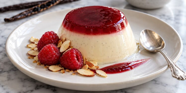 Vanilla Bean Honey Almond Panna Cotta with Raspberry Gelee