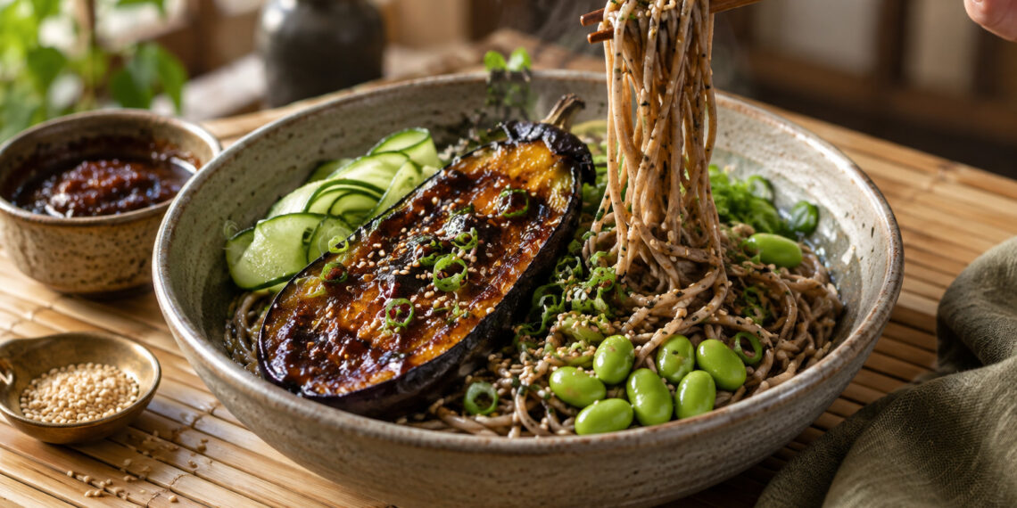 Miso-Glazed Eggplant with Sesame Soba and Edamame