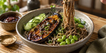 Miso-Glazed Eggplant with Sesame Soba and Edamame